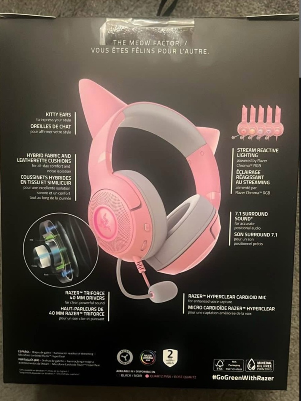 Razer Pink and Gray Kitty Ear Gaming Headset